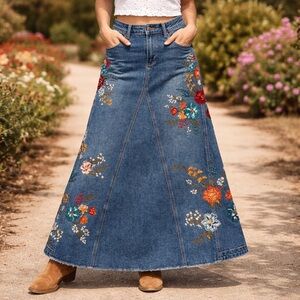 Free People x Driftwood Embroidered Floral Denim Maxi Skirt Blue Size 28